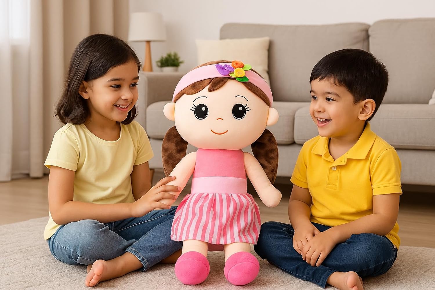 Bateu Cute Soft Doll Plush Hugging Doll Girls – Pink Dress Stuffed Toy with Colorful Headband – Cute Huggable Gift for Kids, 35cm (Pink)