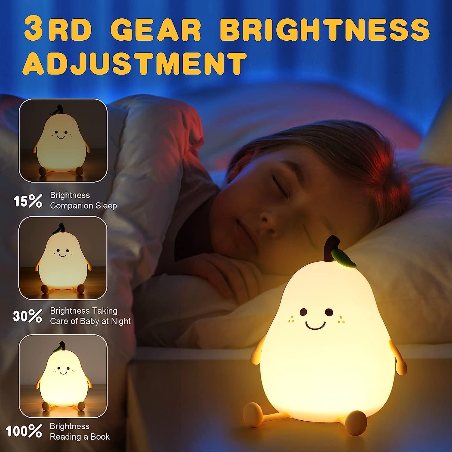 One94Store Rechargeable Silicone Pear Night Lamp, Touch Control Color-Changing LED Light with 7 Colors, Multicolor Kids’ Bedroom Decor, Ideal Baby Gift (Warm White)